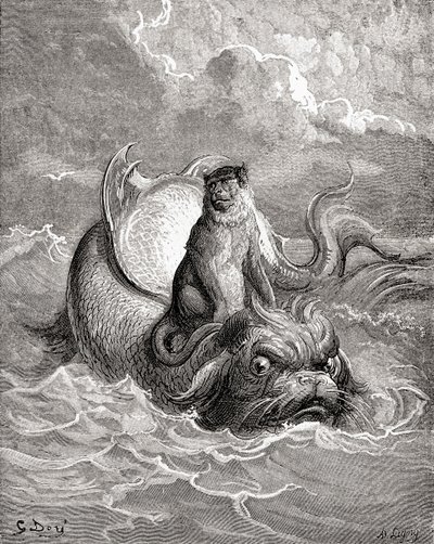 El mono y el delfín según una obra de Gustave Dore para una fábula de La Fontaine. De Vida y recuerdos de Gustave Dore, publicado en 1885. de Gustave Dore