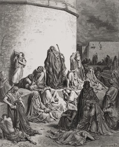 El pueblo lamentándose sobre las ruinas de Jerusalén, Lamentaciones 1:1-2, ilustración de 