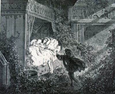 El príncipe entrando en el dormitorio de la princesa en el castillo encantado, ilustración para 