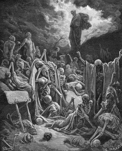 La visión del valle de los huesos secos, Ezequiel 37:1-2, ilustración de 