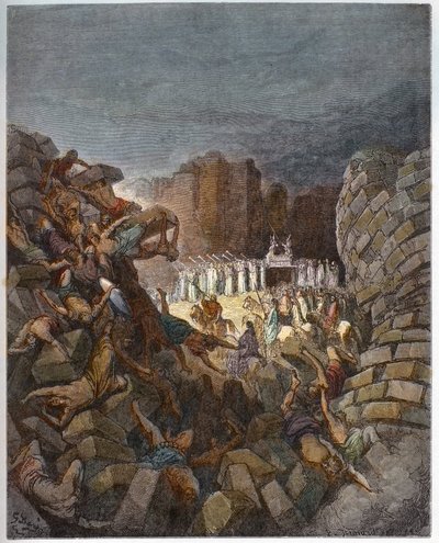 Las murallas de Jericó cayendo - La caída de las murallas de Jericó - - Grabado en "La Biblia ilustrada" por Gustave Doré (1832-1883) - Grabado de "La Biblia de Doré" de Gustave Dore