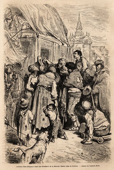 La llegada de la diligencia a un hotel en Santa Cruz de modela (provincia de La Mancha), asaltada por mendigos pidiendo limosna. Dibujo de Gustave Doré (1832-1883). Grabado para ilustrar el viaje a España, en 1862 por Charles Davillier y Gustave Doré, en “ de Gustave Dore