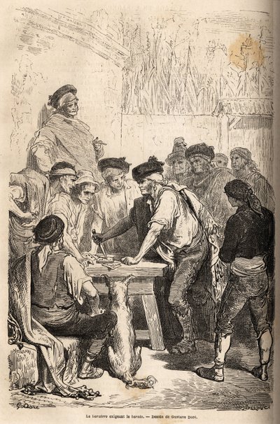 El arma baratero de la navaja, exigiendo el barato, tributo que se arroga sobre la cantidad de juegos clandestinos. Dibujo de Gustave Doré, para ilustrar su viaje a España en 1862, con Ch. Davillier. Grabado en 