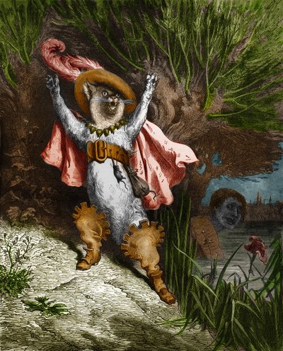 El gato con botas pide ayuda. Grabado de Gustave Doré de 
