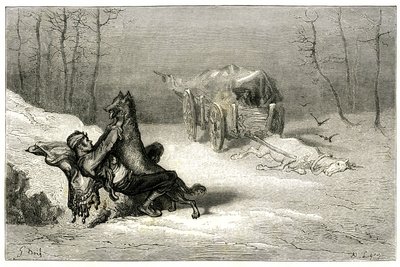 El bandolero Agostin es atacado por un lobo, cerca del caballo muerto aún alcanzado en el carro abandona a los comediantes, o esconde a la pequeña Chiquita. Grabado de Gustave Dore ilustrando la novela de Theophile Gautier "Le capitaine Fracasse", edición  de Gustave Dore