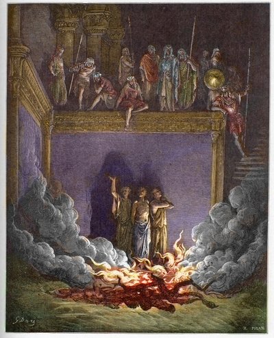 El horno ardiente (los tres niños de Babilonia, los tres jóvenes hebreos o los tres jóvenes) Ananías, Azarías y Misael precipitados en un horno ardiente porque se niegan a inclinarse ante la estatua del rey de Babilonia - Los Tres Jóvenes en el Horno Ardie de Gustave Dore