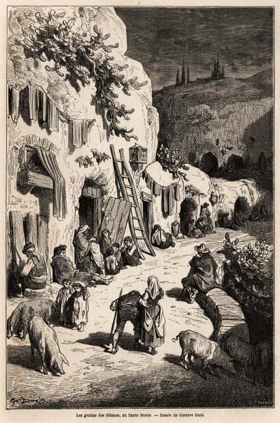 Las cuevas (casas subterráneas) de los gitanos, en Sacro Monte, en Granada. Dibujo de Gustave Doré (1832-1883), para ilustrar su viaje a España en 1862, acompañado por Ch. Davillier. Grabado en 