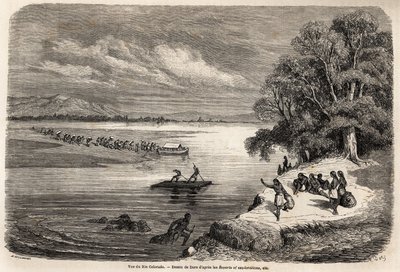 El cruce del río Colorado en balsa, acompañado por algunos indios Mohaves, dibujo de Gustave Doré (1832-1883), para ilustrar el viaje del Misisipi al Océano Pacífico en 1853-54 por Baudouin Mollhausen (1825-1905). Grabado en “Le tour du monde, nuevo diario de Gustave Dore