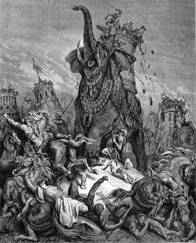 La muerte de Eleazar Macabeo (Maccabee o Macabee), joven hermano de Judas Macabeo, bajo el gobierno de Antíoco IV Epífanes (175-164 a.C.). Es aplastado por un elefante. “La Biblia” ilustrada por Gustave Doré. Grabado del siglo XIX de Gustave Dore