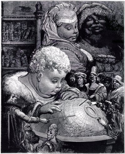 La educación de Gargantúa: el gigante, niño, estudia un globo con sus maestros, bajo la mirada de sus padres de Gustave Dore
