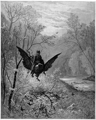 El hipogrifo, trepado por el caballero Ruggiero (Roger, Ruggero), llega a una región risueña - Grabado de Gustave Dore que ilustra "El Rolando Furioso" de Ludovico Ariosto (1474-1533) dit l