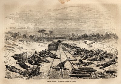 La hora de descanso en Argamasilla, los numerosos trabajadores ferroviarios acostados en la vía, descansan bajo el sol pleno. Grabado para ilustrar el viaje a España por Gustave Doré (1832-1883) ilustrador y Barón Ch. Davillier redactor, en 1862, publicado de Gustave Dore