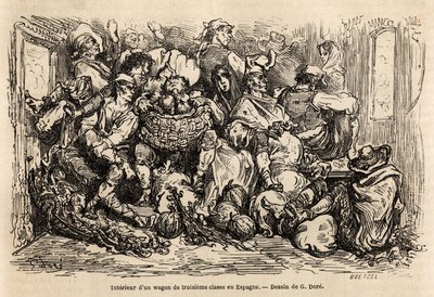 El interior de un vagón de tercera clase en España, dibujo de Gustave Doré (1832-1883), para ilustrar su viaje a España, con C. Davillier, en 1862. Grabado en 