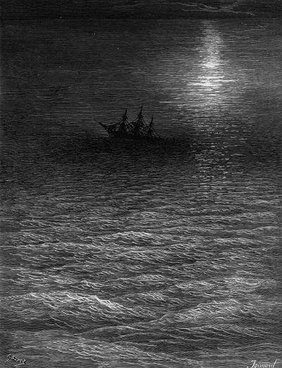 El barco abandonado en un mar iluminado por la luna, escena de 