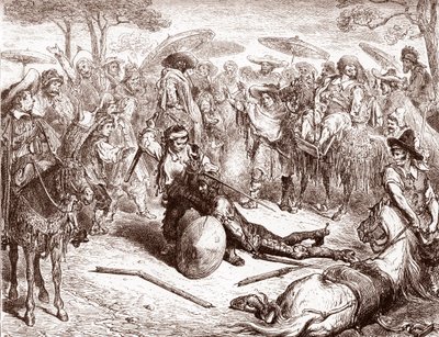 Los mercaderes de Toledo observan cómo uno de sus arrieros golpea a Don Quijote Grabado de Gustave Dore (1832-1883) para "El Ingenioso Hidalgo Don Quijote de la Mancha" de Miguel de Cervantes (1547-1616)) 1863 Colección particular de Gustave Dore