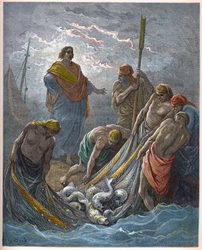 La pesca milagrosa - Grabado en "La Biblia ilustrada" por Gustave Doré (1832-1883) - Grabado de "La Biblia de Doré" de Gustave Dore