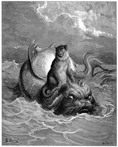 El mono y el delfín: fábula, Fábulas de Jean de La Fontaine (1621-1695). Ilustración de Gustave Dore (1832-1883) - de Gustave Dore