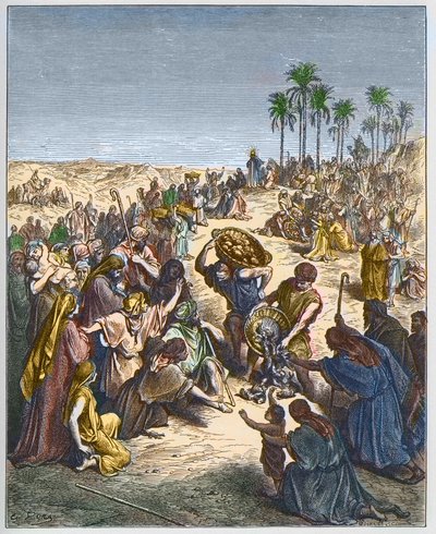 La multiplicación del pan - Cristo alimentando a la multitud (Abundancia Pan Cristianismo Multitud Grabado Pescado) - grabado en “La Biblia ilustrada” por Gustave Doré (1832-1883) - Grabado de “La Biblia de Doré” de Gustave Dore