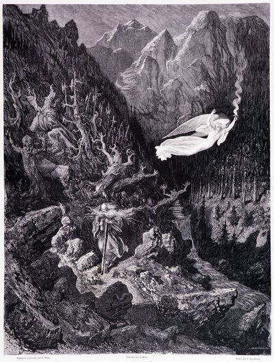 El anciano sosteniendo una bolsa y su bastón caminando en un paisaje hostil es superado por un ángel agitando una lanza de fuego, Placa VII - Ilustración de Gustave Doré (1832-1883), para La leyenda del judío errante de Pierre Dupont, edición Librería del  de Gustave Dore