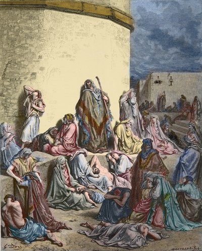 El pueblo de Israel llora sobre Jerusalén - Antiguo Testamento - Lamentaciones de Jeremías - El pueblo llora en las ruinas de Jerusalén - grabado de Gustave Doré - coloreado posterior de Gustave Dore