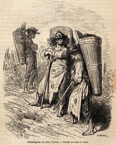 Los recolectores de Xeres. Dibujo de Gustave Doré, para ilustrar su viaje a España en 1862, con Ch. Davillier. Grabado en 
