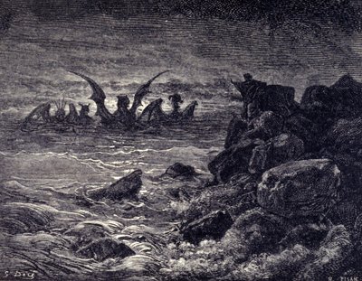 El profeta Daniel ve aparecer monstruos: Haniel, Kafziel, Azriel, Aniel. Grabado de la Biblia ilustrada por Gustave Doré. Siglo XIX de Gustave Dore