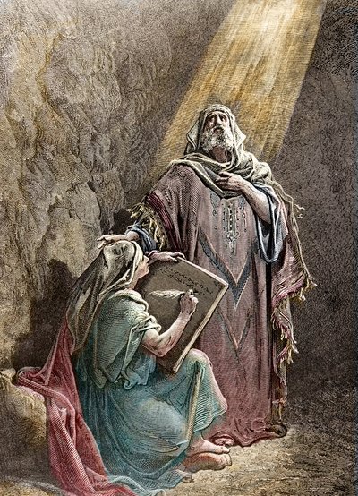 El profeta Jeremías dictando sus profecías a Baruc - Grabado coloreado por Pannemacker, de la Biblia de Gustave Doré (1832-1883) de Gustave Dore