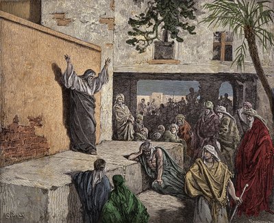 El profeta Miqueas exhortando al pueblo de Israel a la penitencia. Grabado de 