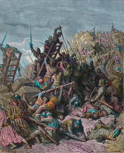 El asedio de Ptolemais durante la tercera cruzada 1189 - grabado por Gustave Doré de la Historia de las Cruzadas por Joseph-Francois Michaud - El asedio de San Juan de Acre (Israel), en 1191. Durante la 3ª Cruzada, soldados con armadura rodean la ciudad fo de Gustave Dore