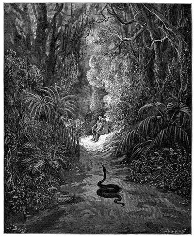 La serpiente se dirige a Adán y Eva. Ilustración de Gustave Dore para "El paraíso perdido" de John Milton (1608-1674). Grabado de 1866. Colección privada de Gustave Dore