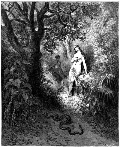 La serpiente se dirige a Adán y Eva. Ilustración de Gustave Dore para "El paraíso perdido" de John Milton (1608-1674) - Tentación - Pesca - Grabado de 1866. Colección privada de Gustave Dore