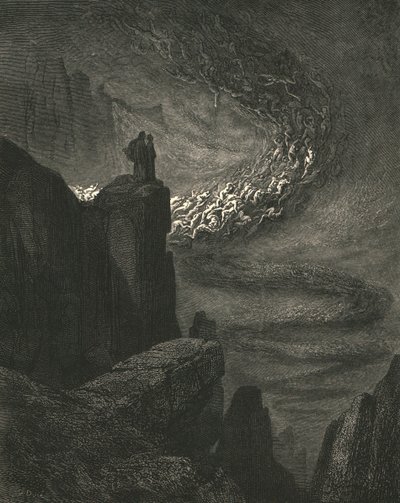 El vendaval infernal con furia inquieta impulsa a los espíritus, c1890 de Gustave Dore
