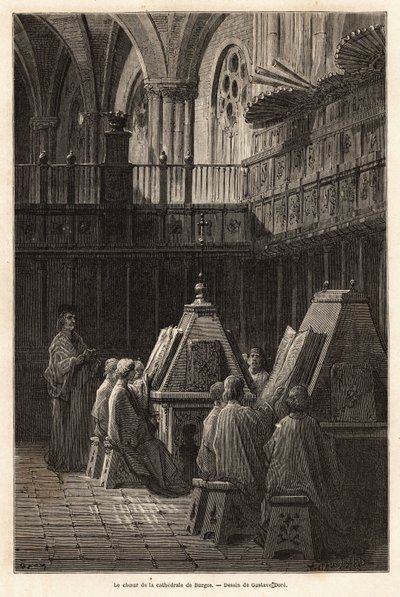 El estudio de los salmos por el coro de la Catedral Santa María de Burgos (siglo XV), cuyo servicio divino tiene la particularidad de ser cantado allí por cinco coros diferentes desde el siglo XVII. Dibujo de Gustave Dore (1832-1883). Grabado para ilustrar de Gustave Dore