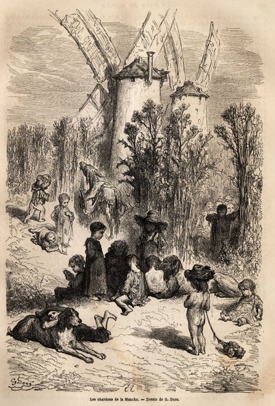 Los cardos del Canal, al pie de los molinos queridos por Don Quijote, con la representación de un galgo, una raza de perro muy frecuente en la región (la figura del galgo corredor siempre hambriento en Don Quijote) y una multitud de niños mendigos, verdade de Gustave Dore
