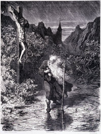 El judío errante pasando cerca de un Calvario - en "La leyenda del judío errante" de Gustave Doré, Librería de la Tienda Pintoresca de Gustave Dore