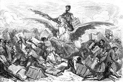 El escritor Cervantes cabalga sobre un caballo de alas (Pegase), su libro "Don Quijote" y una pluma en la mano, sobrevolando a otros escritores que llevan (¡pesadamente!) sus libros. Grabado de Gustave Dore que ilustra la edición Hachette de 1869 del libro de Gustave Dore