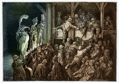 Teatro: el público durante una representación teatral. Colorido grabado de "" Londres, una peregrinación "" ilustrado por Gustave Dore (1832-1883). de Gustave Dore