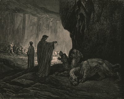 Entonces mi guía, sus palmas expandiéndose en el suelo, c1890 de Gustave Dore
