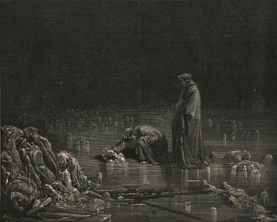 Entonces, agarrando su cuero cabelludo trasero, grité: Nómbrate, o no quedará un pelo aquí, c. 1890 de Gustave Dore
