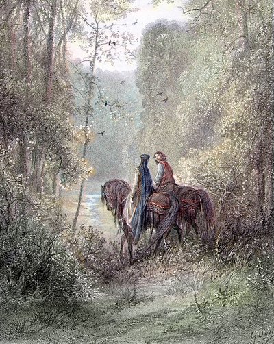 Se perdieron bajo arboledas que parecían un paraíso de flores (Ginebra y Lancelot) - en Guenièvre por Alfred Tennyson, ilustrado por Gustave Doré París, Librairie Hachette et Cie de Gustave Dore