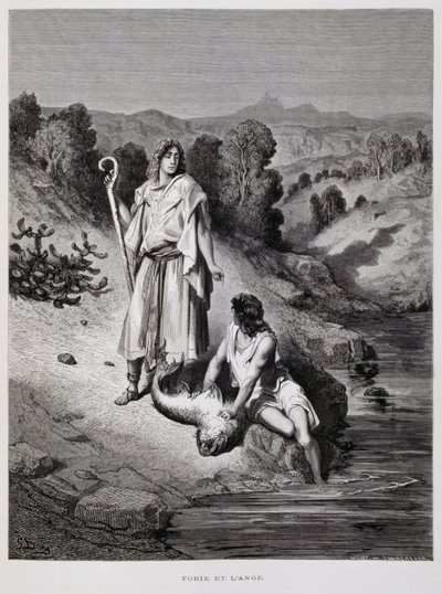 Tobías y el ángel, ilustración de la Biblia de Dore de Gustave Dore
