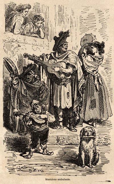 Músicos ambulantes en Valencia, dibujo de Gustave Doré (1832-1883), para ilustrar su viaje a España con C. Davillier, en 1862. Grabado en "Le tour du monde", editado por Edouard Charton de Gustave Dore