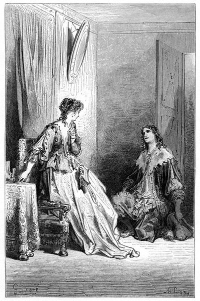 Vallombreuse se arrodilla ante Isabelle, de la que está enamorado. Grabado de Gustave Dore que ilustra la novela de Theophile Gautier "Le capitaine Fracasse", edición Charpentier 1863. de Gustave Dore