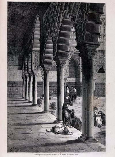 Vista del gran patio del Alcázar en Sevilla - por Doré, en "Tour du Monde", 2º semestre de 1866 de Gustave Dore