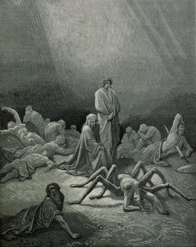 Virgilio (70-19 a.C.) y Dante mirando a la mujer araña, ilustración de 
