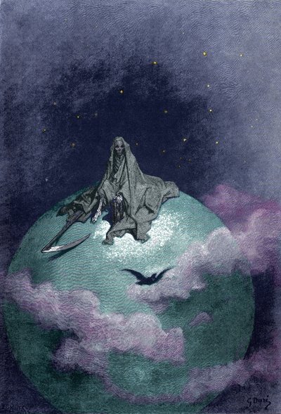 Visión de la Muerte sentada en el globo terráqueo con su falsa. Ilustración de Gustave Dore de Gustave Dore