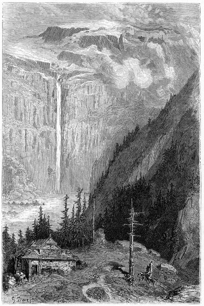Cascada del Circo de Gavarnie vista desde la posada: grabado de Gustave Dore que ilustra el libro "Voyage aux Pyrénées" de Hippolyte Taine, Hachette 1860. de Gustave Dore