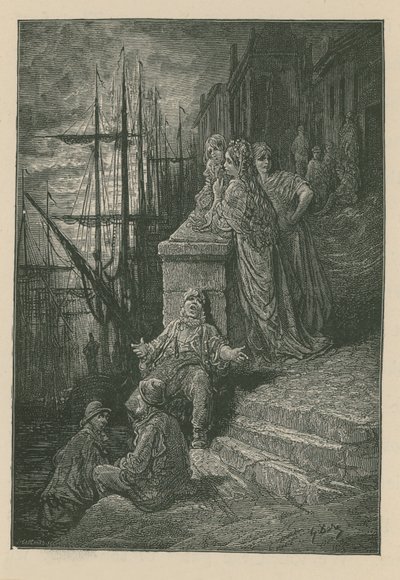 Familia de barquero en una escalera junto al río Támesis de Gustave Dore