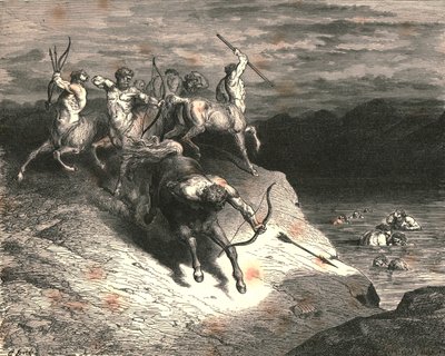Nos acercamos a esas bestias, que avanzaban rápidamente, cuando Quirón sacó una flecha, c1890 de Gustave Dore