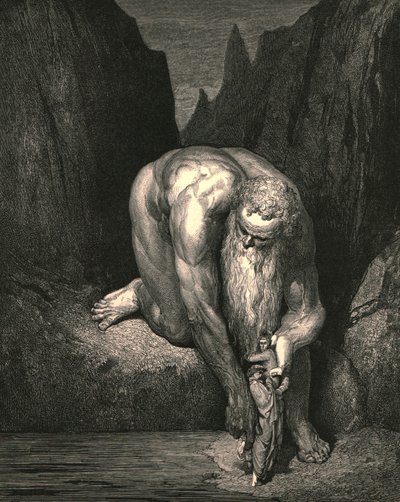 Aún en el abismo, ese Lucifer con Judas bajo nos engulle, ligeramente nos colocó, c1890 de Gustave Dore